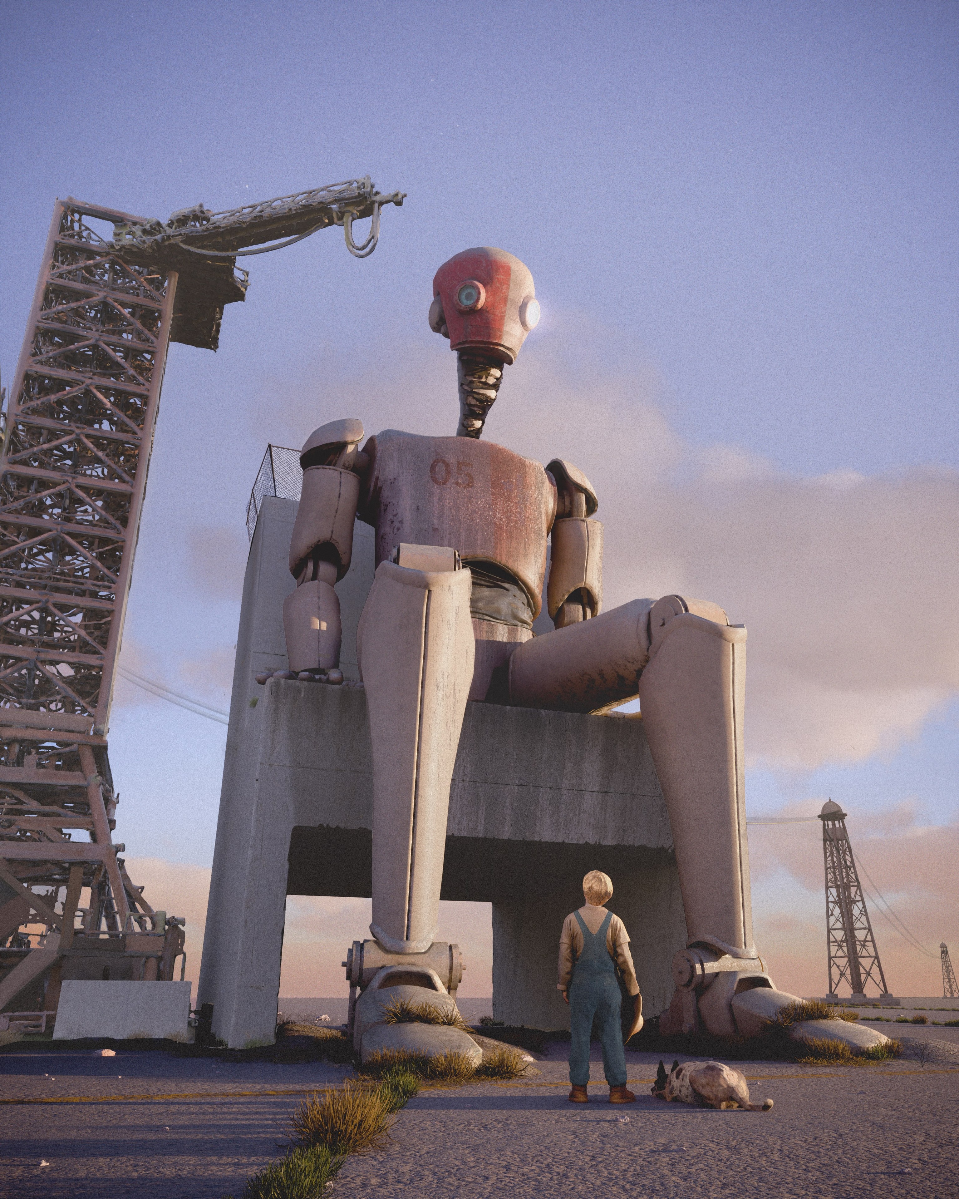 A colossal weathered robot seated on a concrete throne at golden hour, with a small child and a dog standing before it and a rusted gantry crane framing the scene