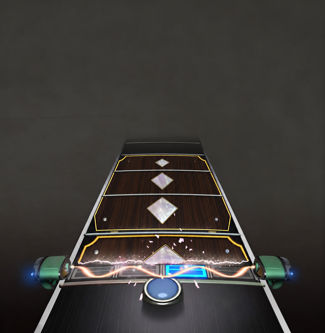 Rock Band 4 note highway with diamond note gems, gold-bordered lanes, and green glowing amp housings firing hit VFX