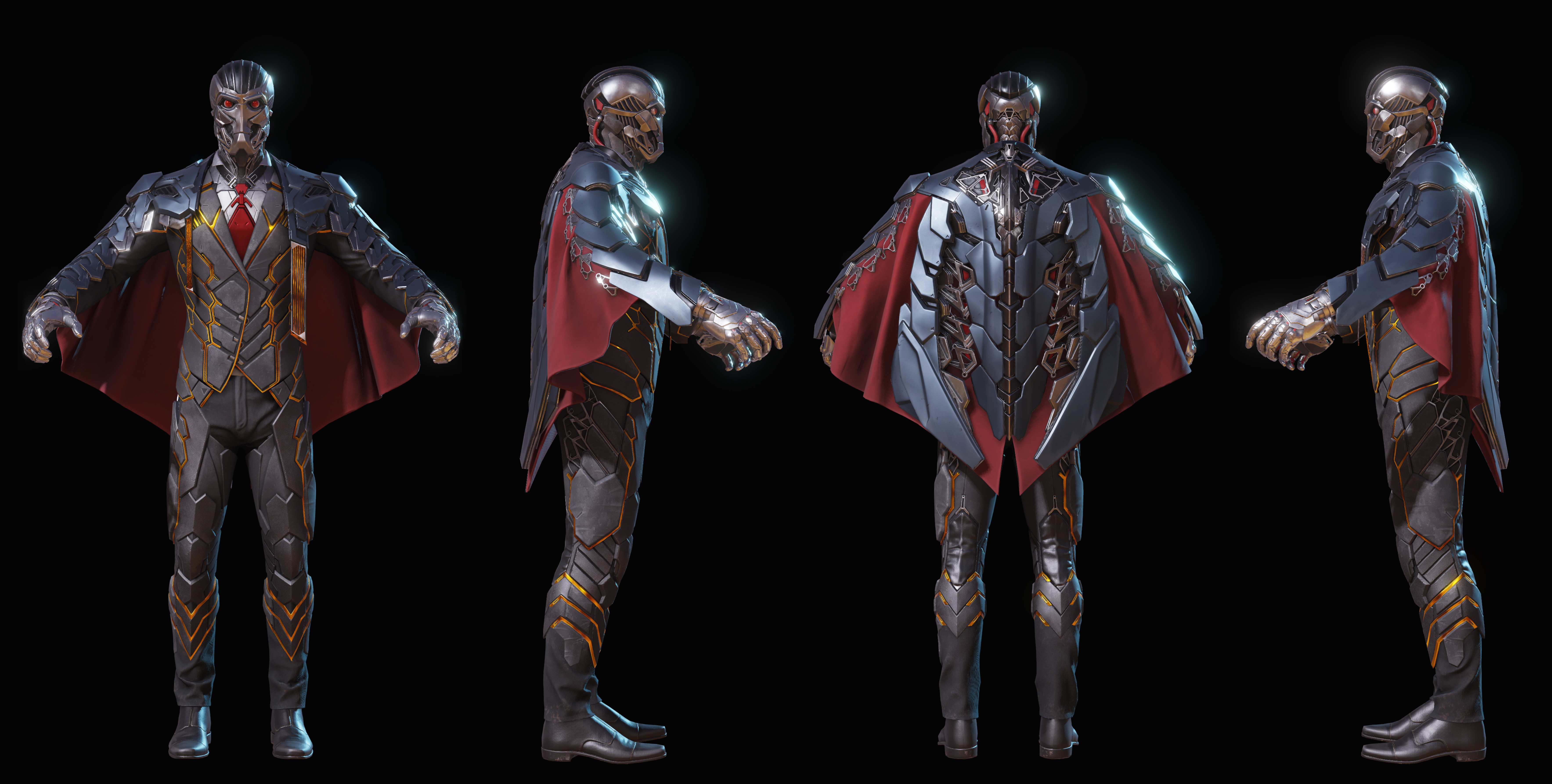 Sci-fi character turnaround: a chrome skull-faced figure in an armored formal suit with a red tie and flowing red cape, shown from four angles