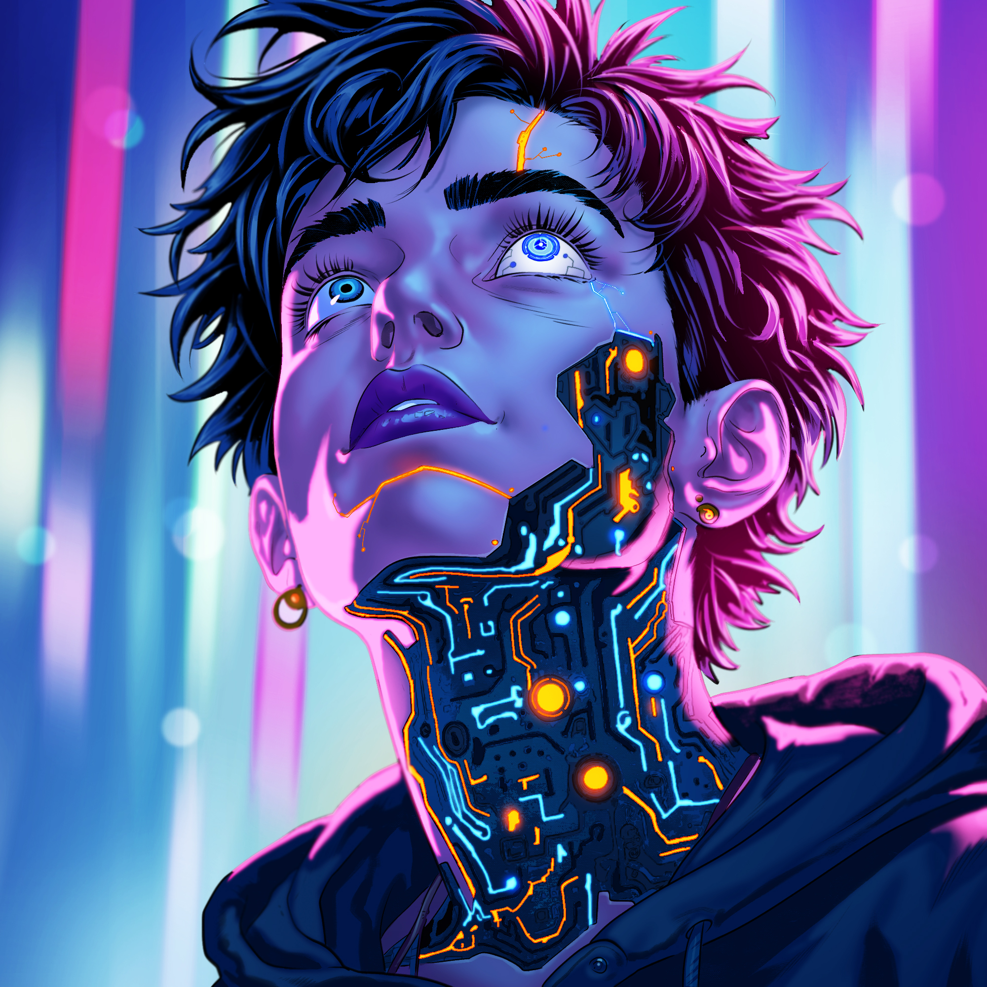 Cyberpunk character avatar — a youth with magenta-streaked hair and glowing circuitry across the neck, from Call of Duty: Mobile