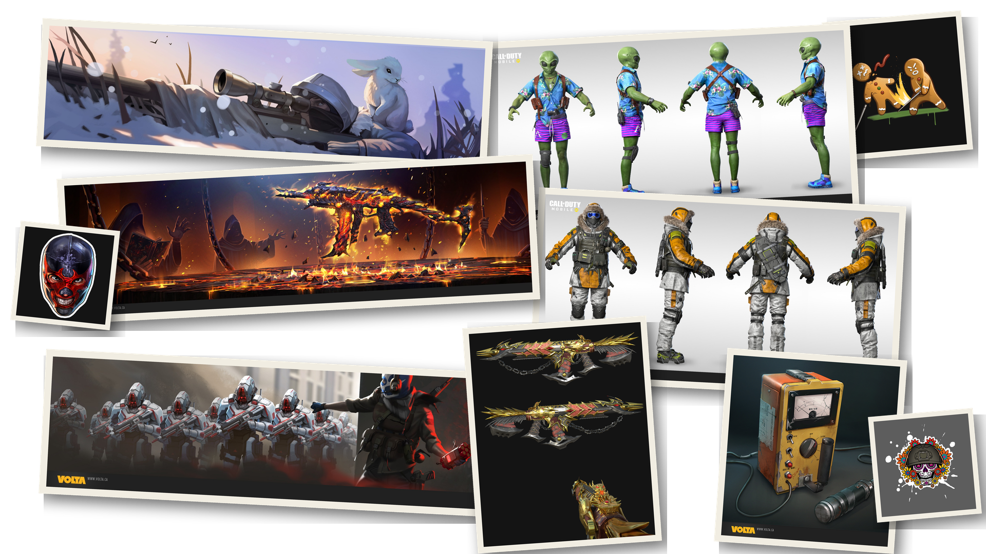 Collage of externally-produced Call of Duty: Mobile and Volta assets — a snow sniper scene with a rabbit, alien and cold-weather operator turnarounds, a fiery dragon weapon, gold winged weapon concepts, a voltage-meter prop, gingerbread and skull emblems, a red mask, and a robot-lineup scene