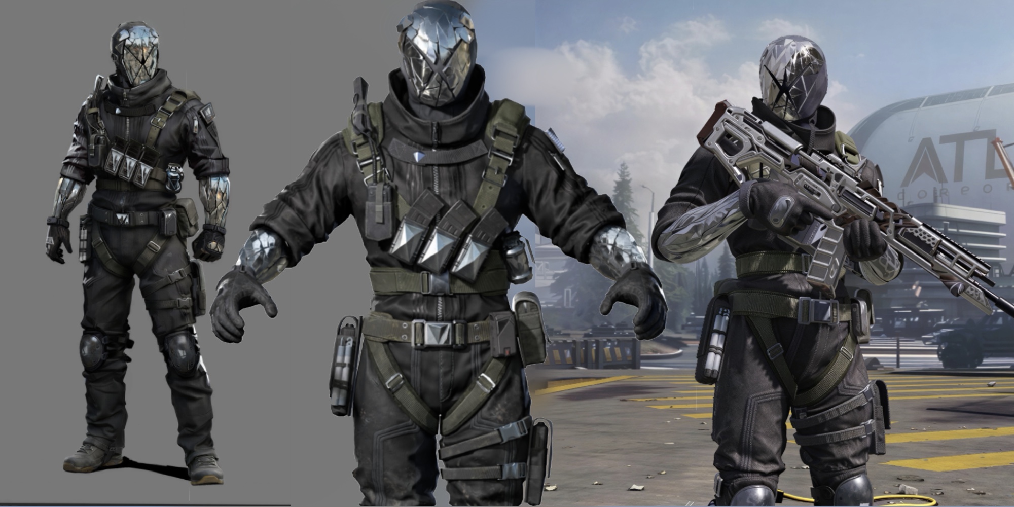 Three masked armored operator character development views, including a turnaround and an in-environment weapon pose