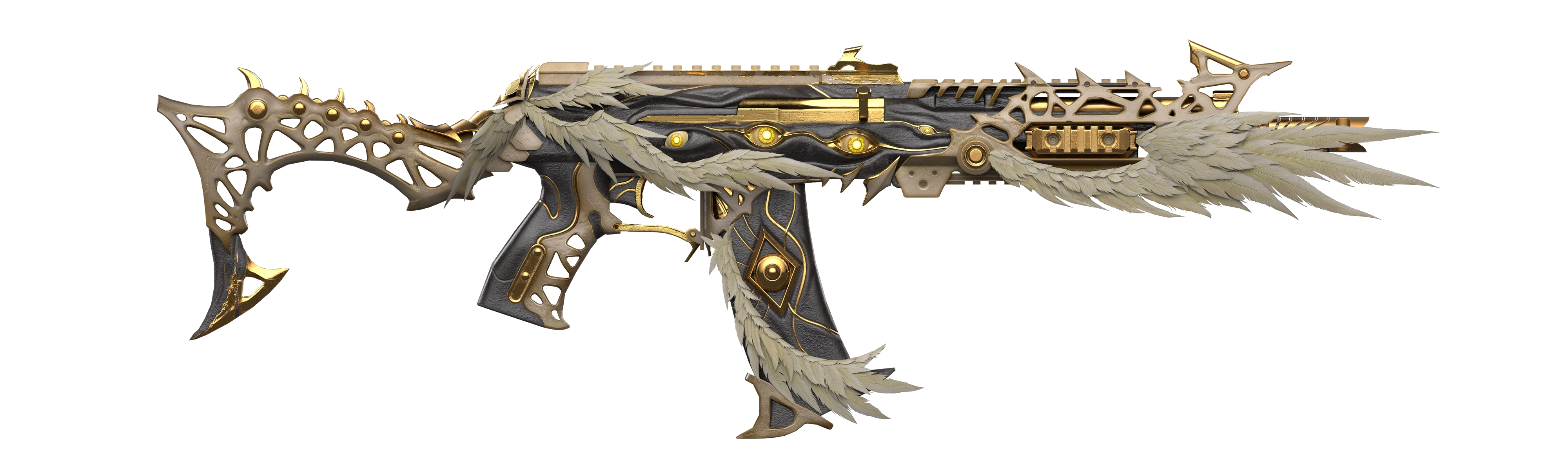 Ornate black, gold, and ivory winged rifle shown in profile