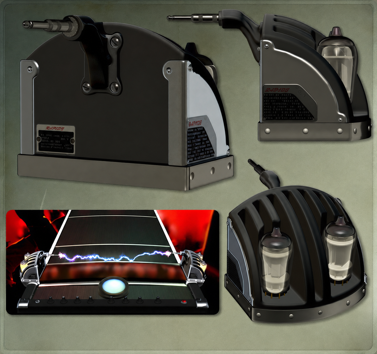 Retro Rock Band Arc-Amp hardware concept sheet showing multiple views and a gameplay surface