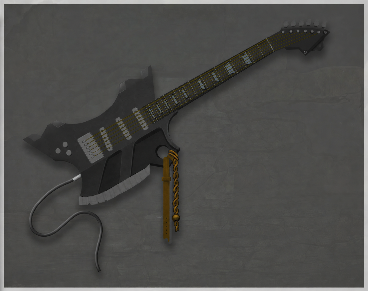 Concept render of a battle-axe-shaped Rock Band 4 guitar with a black body, axe-blade lower bout, and gold strings