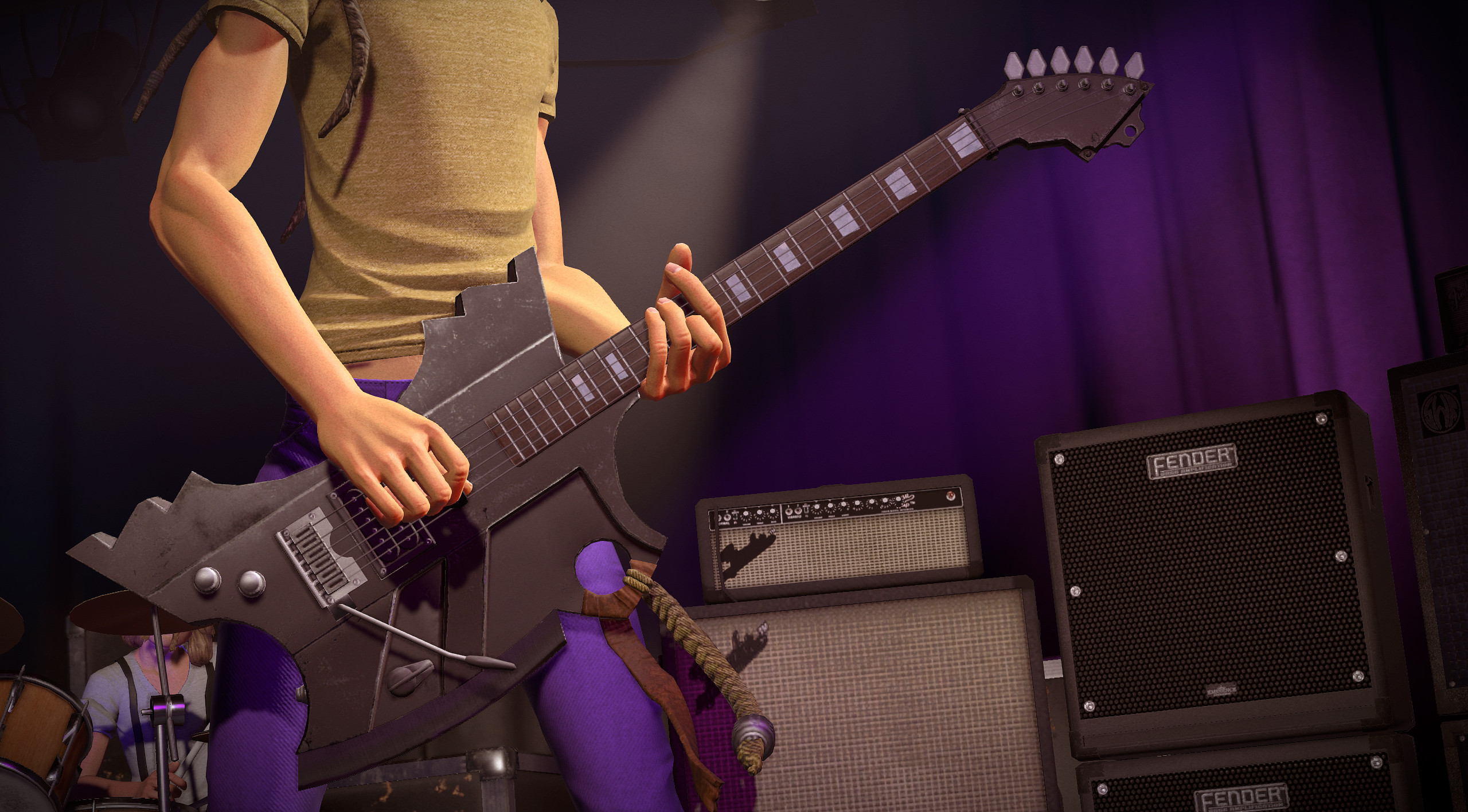 In-game Rock Band 4 screenshot of a character on stage playing the axe-shaped guitar under purple lighting with Fender amps