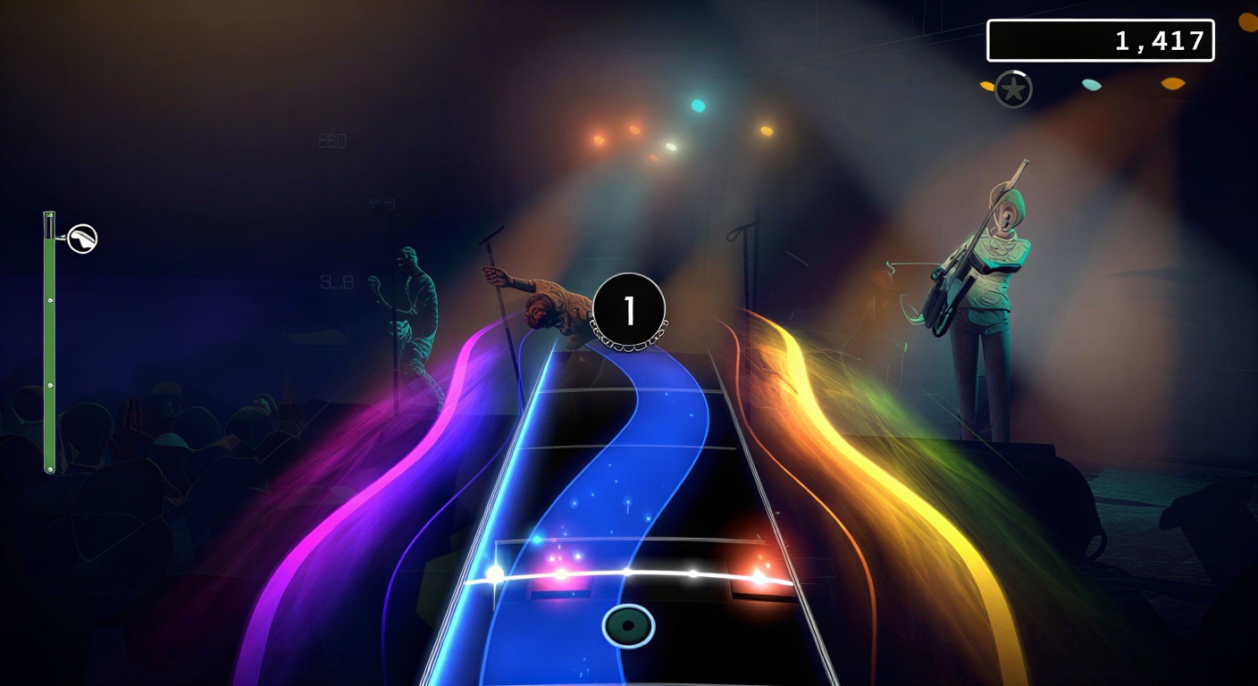 In-game Rock Band 4 freestyle solo screenshot with a curving blue note highway, purple and orange feedback trails, and a band on stage