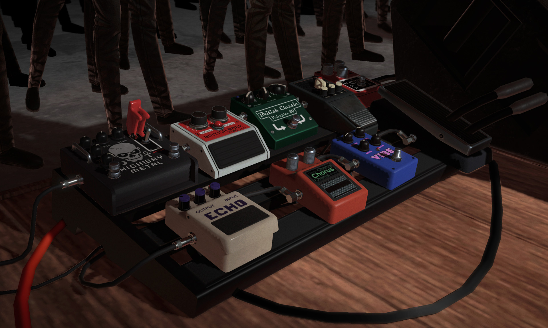In-game Rock Band 4 render of a guitar effects pedalboard with Highway Metal, British Rock, British Classic, Echo, Chorus, and Vibe pedals on a stage floor