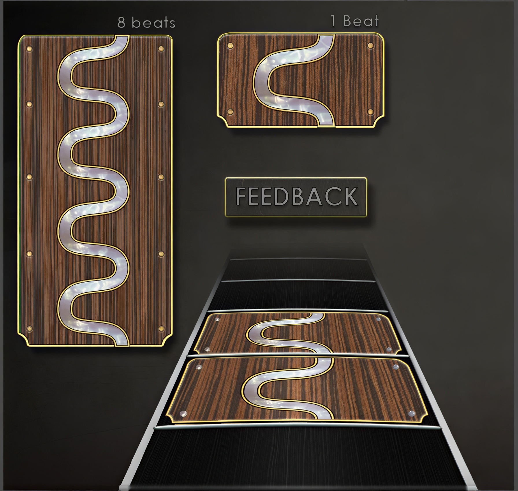 Freestyle Solo track-symbol concept sheet with 8-beat and 1-beat wood-grain panels, a feedback state, and the note highway