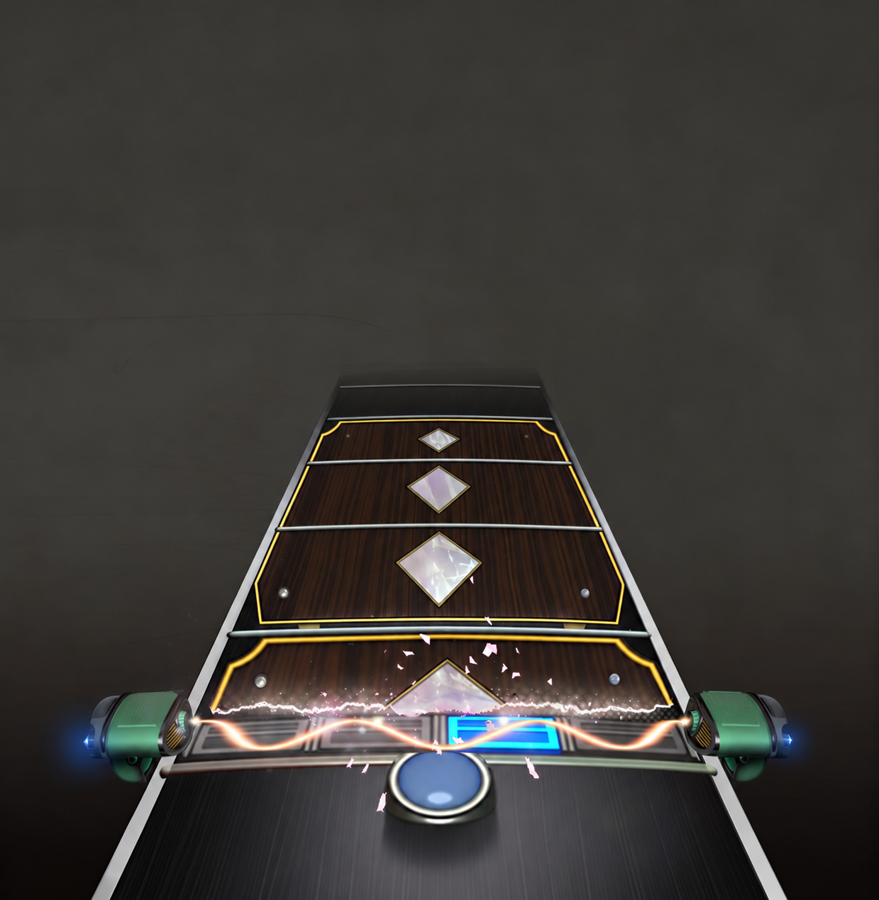 Rock Band 4 note highway with diamond note gems, gold-bordered lanes, and green glowing amp housings firing hit VFX