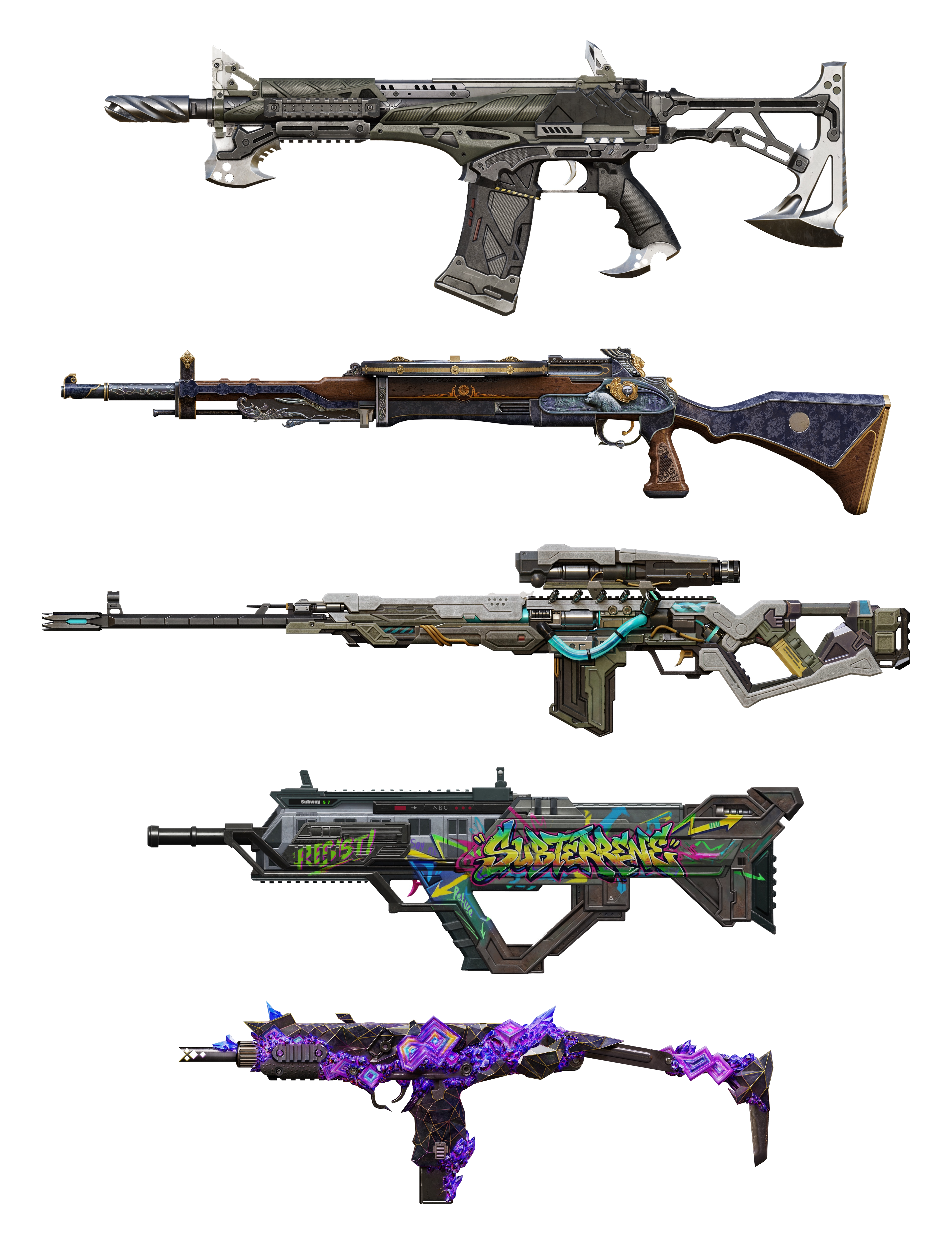 Vertical collage of five Call of Duty: Mobile weapon skins — a tactical axe-stock assault rifle, an ornate blue-and-gold engraved rifle, a cyan sci-fi sniper, a subway graffiti SMG, and a purple crystal SMG